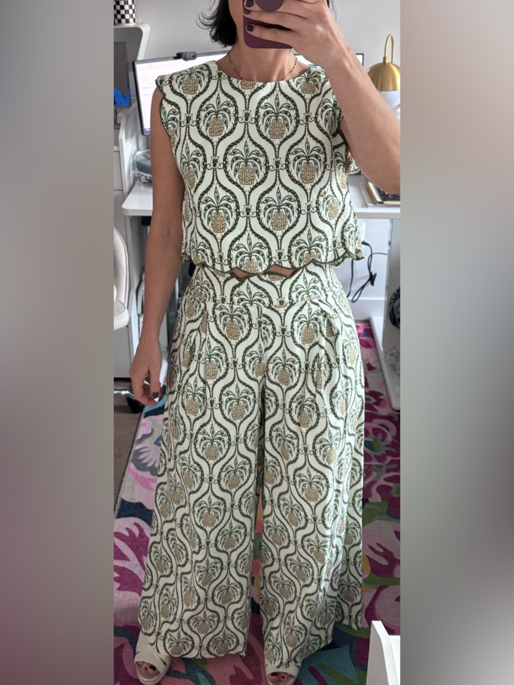 FARM Rio Green and Cream Wide-Leg Printed Pants
